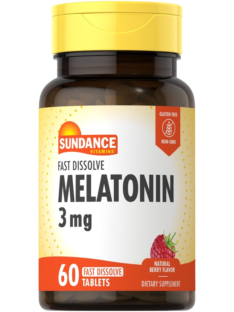 Sundance Melatonin 3mg Fast Dissolve | 60 Vegetarian Tablets | Natural Berry Flavor | Vegetarian, Non-GMO, and Gluten Free Supplement