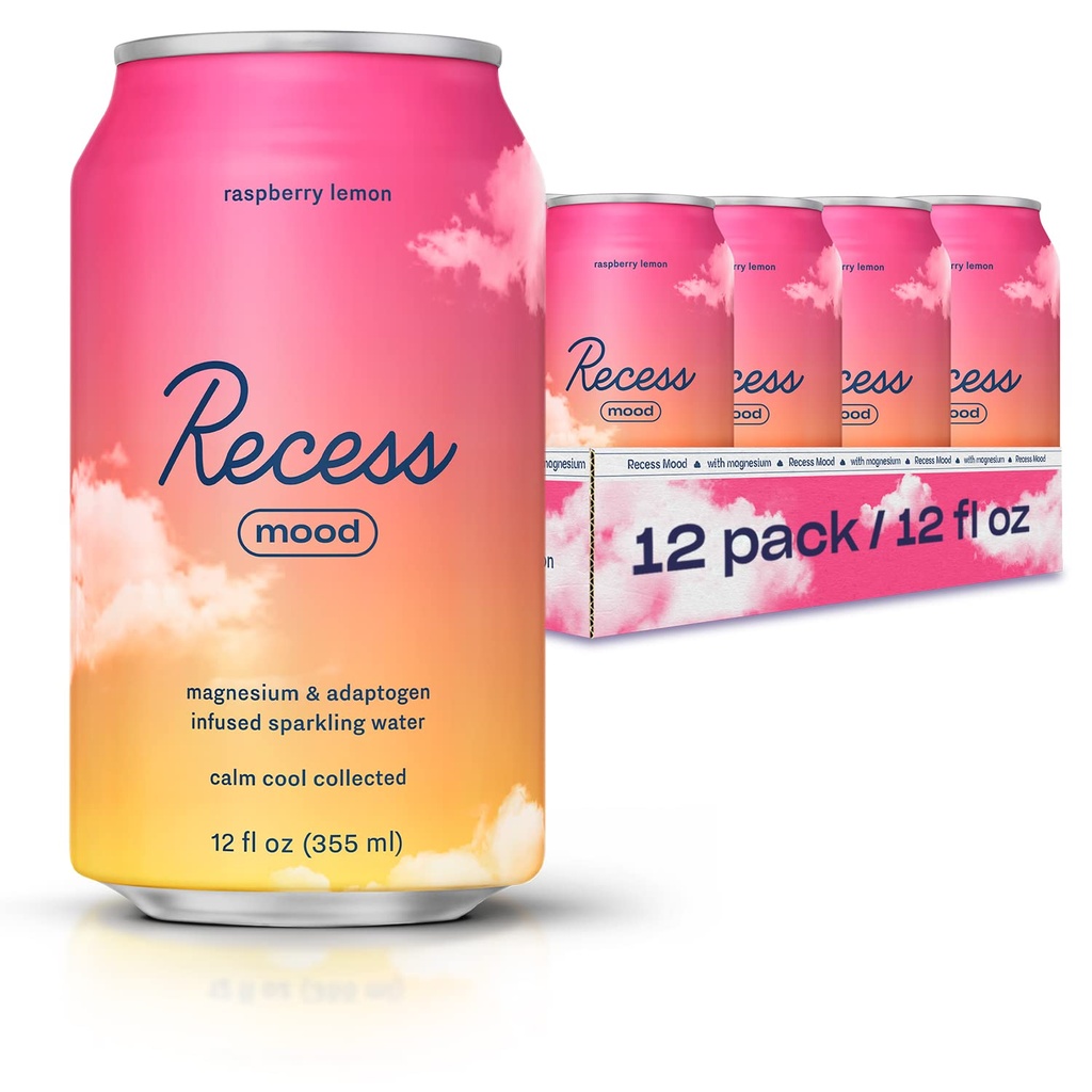 Recess Mood Magnesium & Adaptogen Getränk, Beruhigung Getränke, 12 Unzen (Raspberry Lemon, 12 Packung)