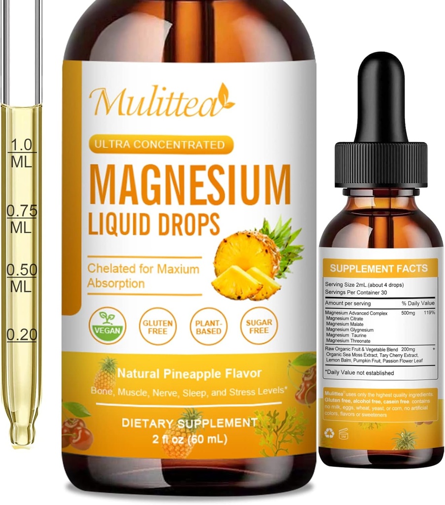 Magnezyum 500mg Liquid Drops - Glycinate, Malate, Citrate, Taurate - Bone, Muscles, Nerves & Energy - Vegan Formula, Sugar Free, 2 Fl.oz ilə yüksək Aborpsiyon 5in-1 maşın Kompleksi
