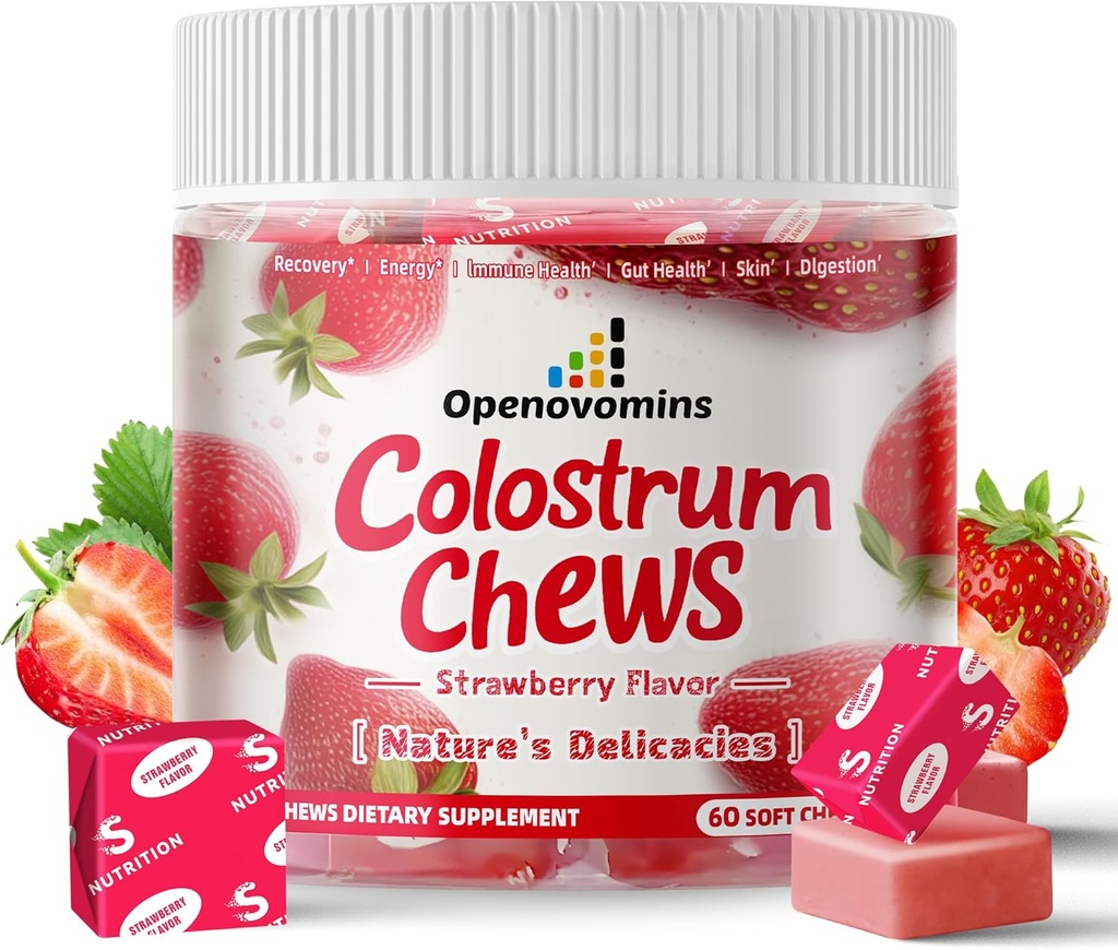 Bovine Colastrum schews supplement with protoples for Goot Health, Bloting, Immun Super, mym, muster and Beauty - Strawberry Farvor (60)