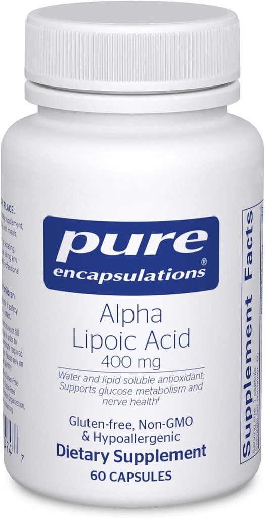 Encapsulamentos puros Ácido Alfa Lipoico 400 mg Suplemento ALA para Apoio ao Fígado, Antioxidantes, Nervo e Saúde Cardiovascular, Radicais Livres e Suporte Carboidratado* 60 Cápsulas