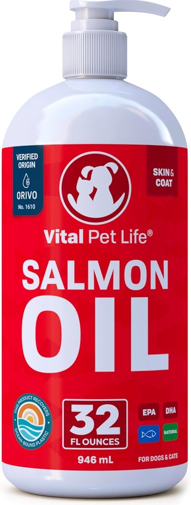 Aceite de salmón para cans e gatos - pel san e abrigo, aceite de peixe, Omega 3 EPA DHA, suplemento de alimentos líquidos para mascotas, todo natural, soporta saúde conxunta e ósea, alerxia natural e defensa de inflamación, 32 oz