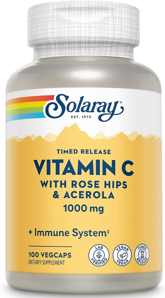 SOLARAY Vitamin C 1000mg - Time Release Vitamin C Capsules w/Rose HIPS və Acerola Bioflavonoid Support üçün - İki-Stage, All-Day Immune Support - Vegan, 60 Gün Sifarişləri, 100 VegCaps