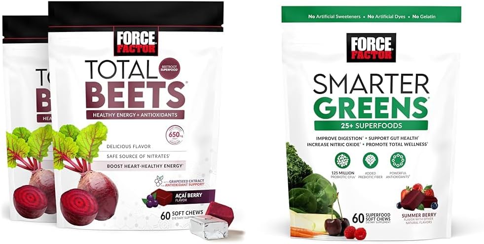 Force Factor Total Beets Soft Chews mit Beetroot, Grapeseed Extract, Antioxidantien, Nitrate, L-Citrulline, 120 Count, 2-Pack und Smarter Greens Superfood Chews mit 25+ Superfoods, Probiotics, Antioxidantien und Fiber, 60 Count