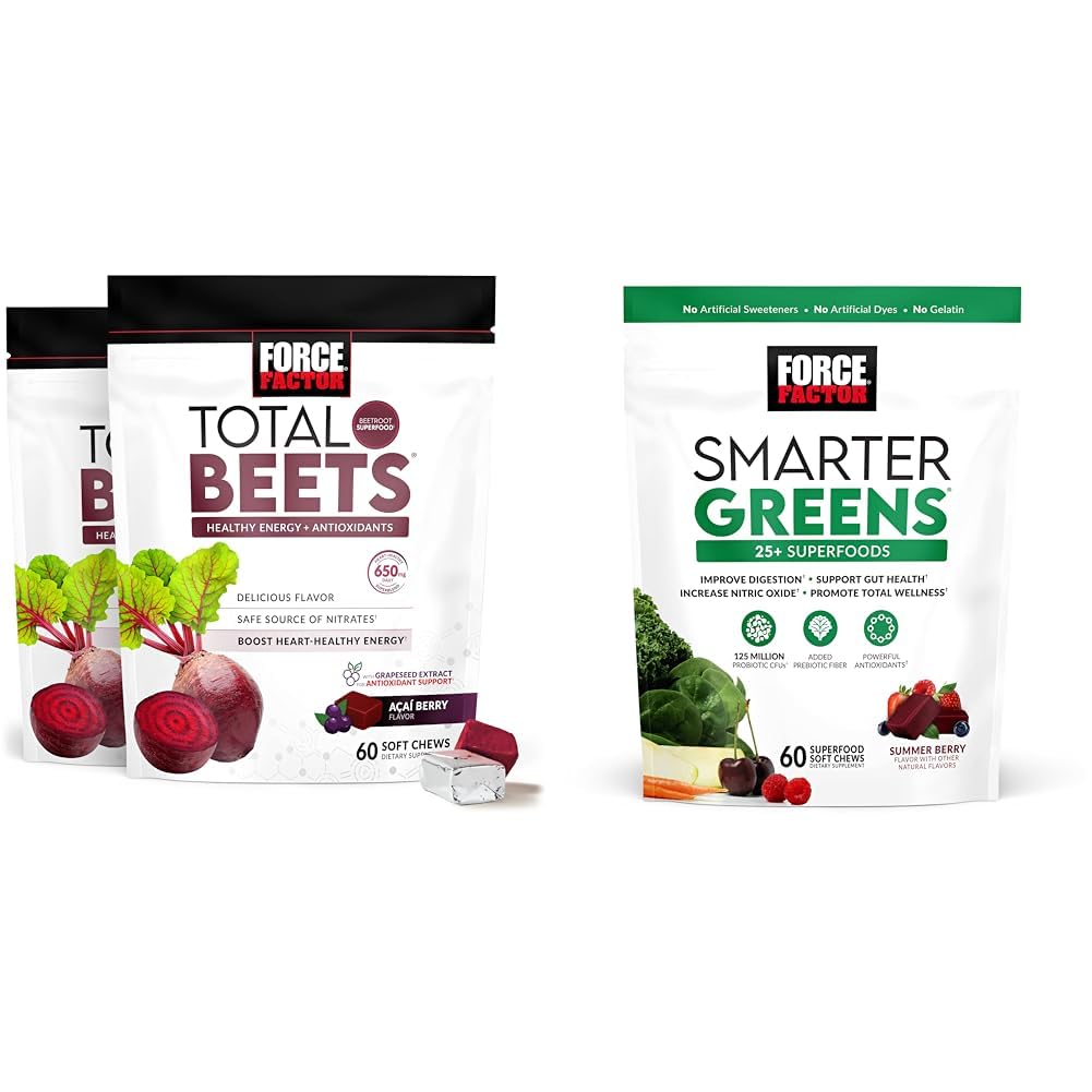 Force Factor Total Beets Soft Chews with Beetroot, Grapeseed Extract, Antioxidants, Nitrates, L-Citrulline, 120 Count, 2-Pack and Smarter Greens Superfood Chews with 25+ Superfoods, Probiotics, Antioxidants, and Fiber, 60 Count