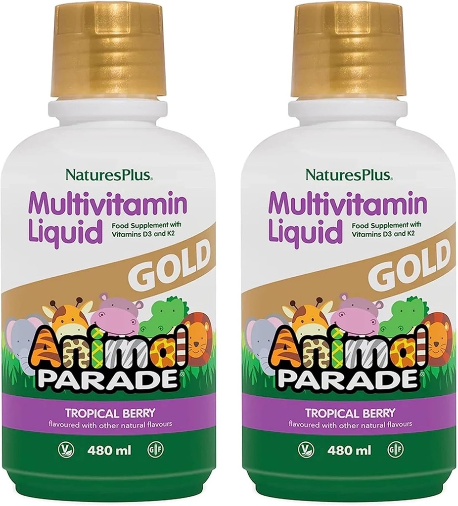 NaturesPlus Animal Parade Gull Barnevæske Multivitamin - 16 fl oz, Pakke med 2 - Naturlig Tropisk Berry Flavor - Glutenfri, Vegan - 64 Total Services