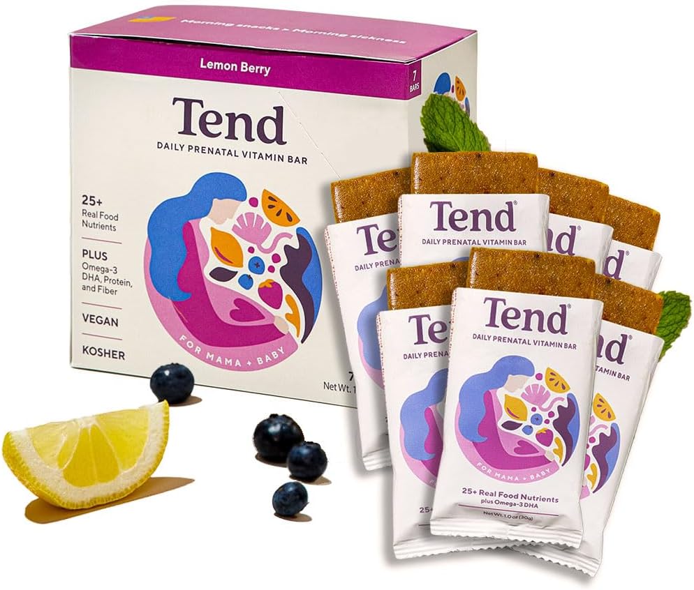 Tend Daily Best Prenatal Vitamin Bar, Lavet med økologiske ingredienser til Gravid & Postpartum Mødre, Inkluderer DHA, D-vitamin, B, Cholin, Folate - Lemon Berry (7ct)