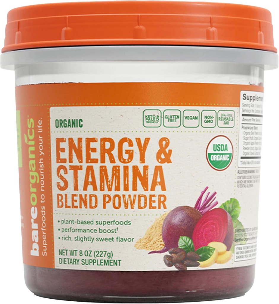 BareOrganics Energy & Stamina Blend Powder, Bio Superfood, Vegan Nahrungsergänzungsmittel, 8 Unzen