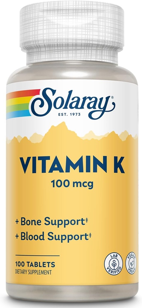 SOLARAY Vitamin K-1 100mcg | Healthy Bone Structure, Blood Clotting, Protein Synthesis Support | Non-GMO, Vegan & Lab Verified | 100 Tablets