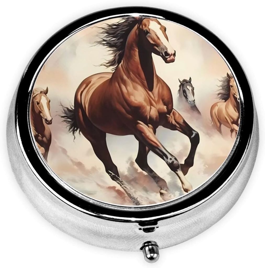 Pill Box, Small Pill Case for Purse & Pocket, Cute Medicine Organizer Travel Pillbox, Portable Pill Container Holder to Hold Vitamins, Medication, Fish Oil and Supplements,Prancing Brown Horse