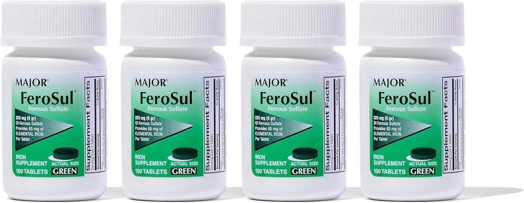 Thiếu tá Ferosul - Ferrous Sulfate 325mg với 65mg trợ giúp sắt nguyên tố cho phụ nữ, Men - Green - 100 bá tước (4 Pack)