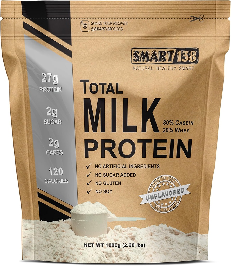 Smart138 Protéines totales de lait - 80% Caséine 20 % Whey - RBST/rBGH Hormone Free, sans gluten, sans soja, non-OGM, États-Unis, kéto faible teneur en glucides, BCAA naturelles (1000g / 2,2lbs, non aromatisé)
