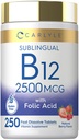 Carlyle Vitamin B12 Sublingual 2500 mcg | 250 Fast Dissolve Tablets | Cyanocobalamin Supplement with Folic Acid for Adults | Natural Berry Flavor | Vegetarian, Non-GMO, and Gluten Free