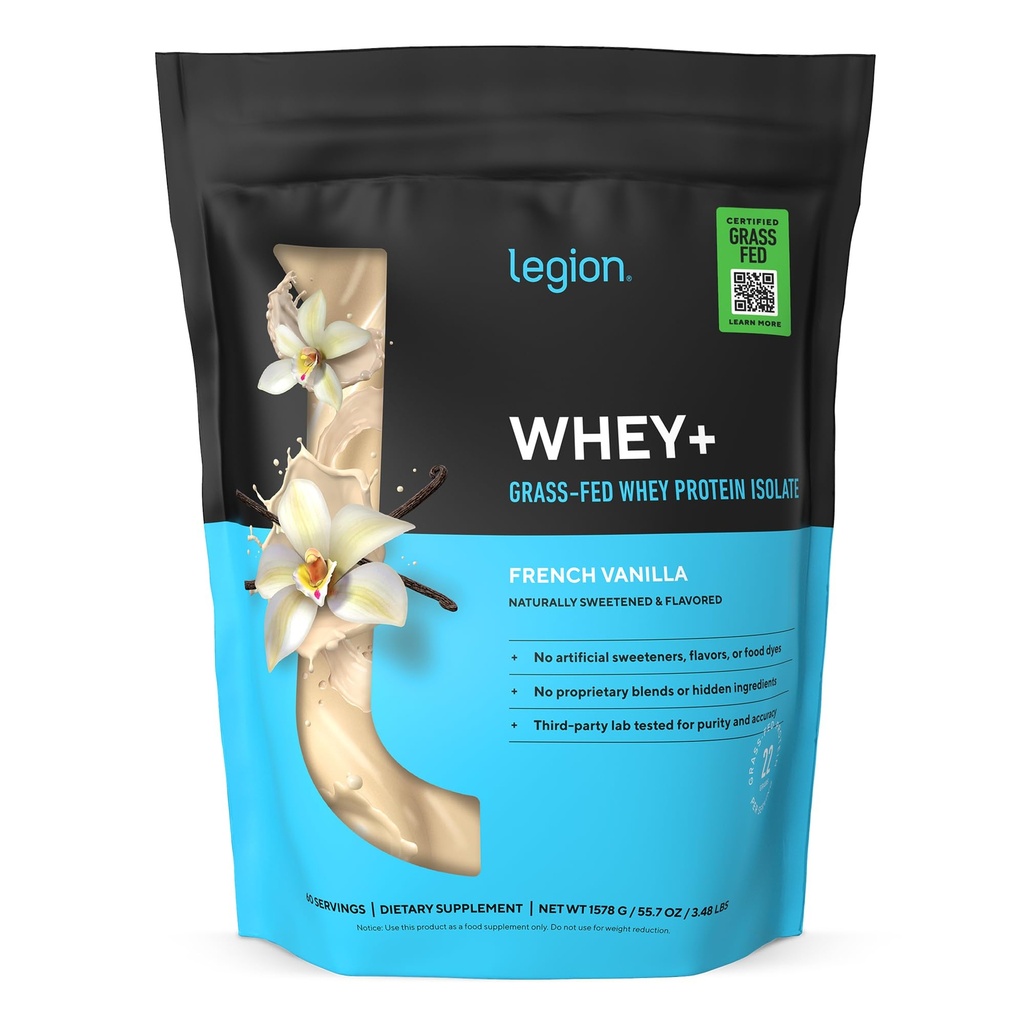 LEGION Whey+ Protein Whey Isolate from Grass Fed Cows (French Vanilla, 60 Servings) - Whey Protein Isolate Powder Low Calorie, Non-GMO, Sugar Free, Lactose and Gluten Free, All Natural Protein Powder