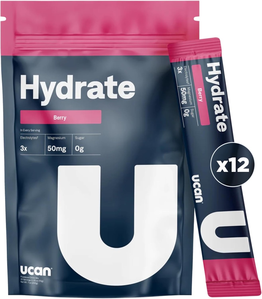 UCAN Hydrate Electrolyte Drink Mix (Berry, 12 Stickpacks) Без сахара, Кето-дружественный, веганский, не ГМО, безглютеновый электролитный порошок с калием и магнием для бегунов и спортсменов