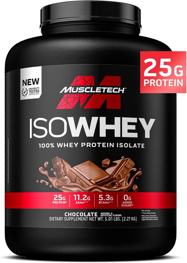 Δοκιμές μυών ISO Whey Isolate Protein Powder, Chocolate - Post Γυμναστήριο γυμναστικής για Lean Μύες Gain, Body Building Weight Gainer & Recovery - 25g Πρωτεΐνη, BCAA, EAA & 0 Προστιθέμενη Ζάχαρη - 5lbs