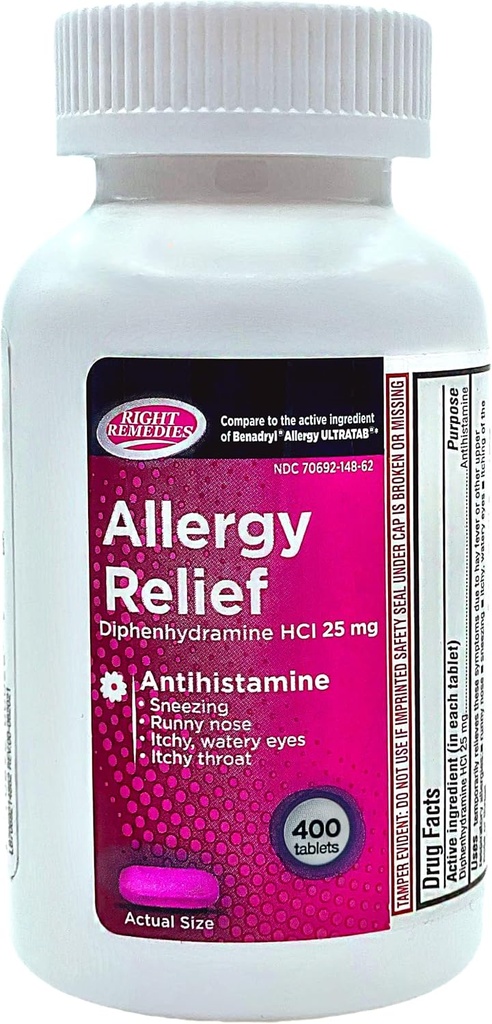 Al·ergy Little antihistamímina, Difenhyramina HCl 25mg, Ultratabs genèrics, Relieves Heorland inside o Out Upspiratori Allis, 400 comptar