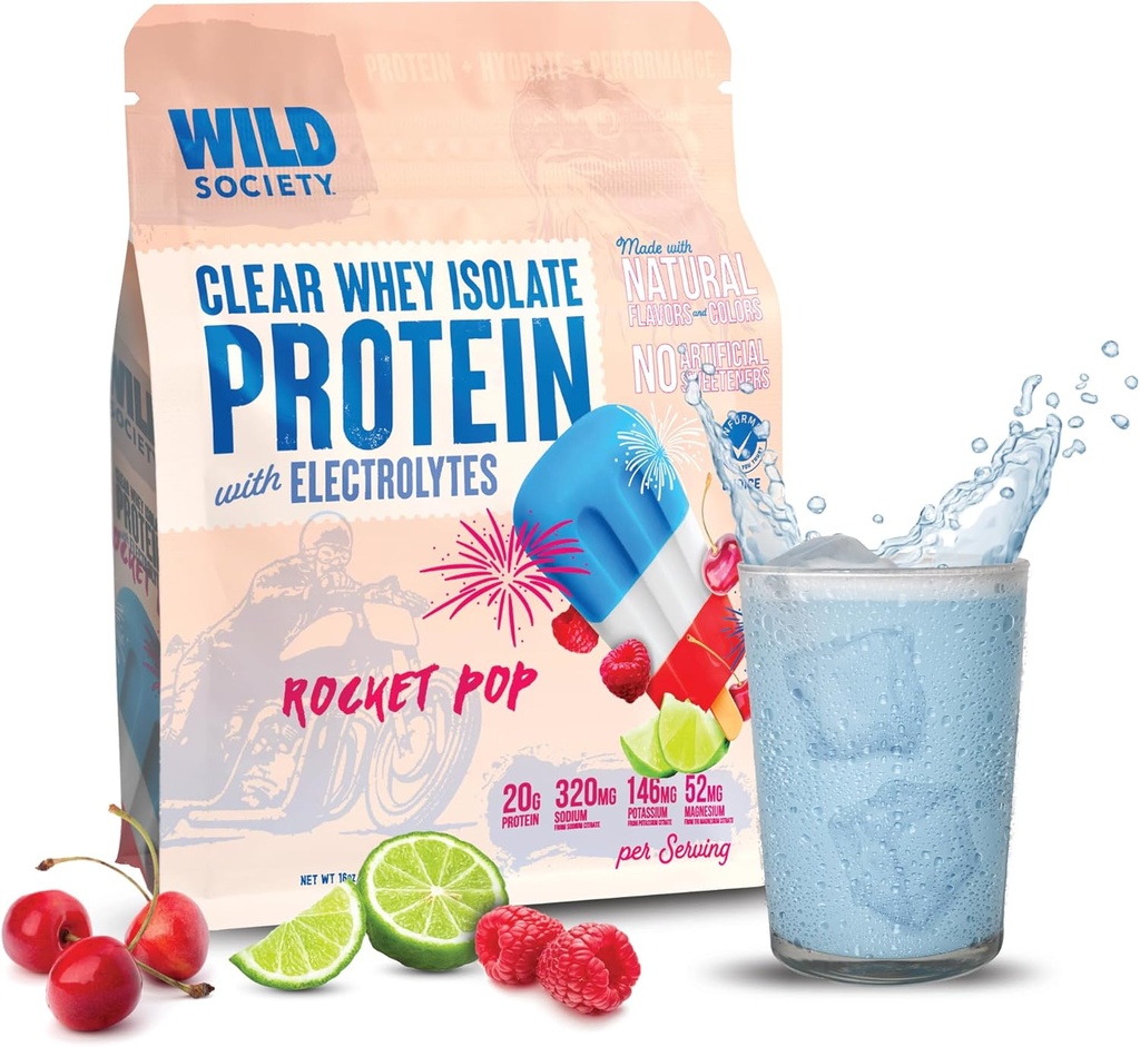 WILD SOCIETY - 명확한 Whey Protein + Electrolytes - Whey Protein Isolate Powder - 20g Protein, 0 Sugar 추가, GMO-Free, 천연 향 및 색상 - 로켓 팝, 16 oz