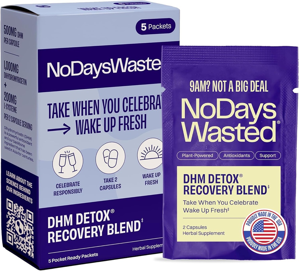 DHM Detox - No Days Wasted - New look - Dihydromyricetin supplement, Milk Thistle, Prickly Pear, B Vitamins, Hydration Electrolytes Blend-Take During Evening for better next Day and Recovery