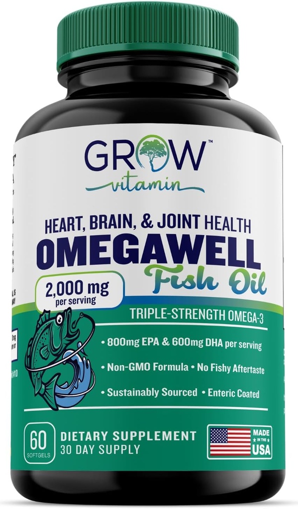 růst vitamin Triple Strength Omega 3 Fish Oil, 800 mg EPA 600 DHA dodatek pro srdce, Brain & Imunitní podpora, Absorbovatelné Triple Strength, Udržitelně sourced - Mini Softgels - 30 Day Supply