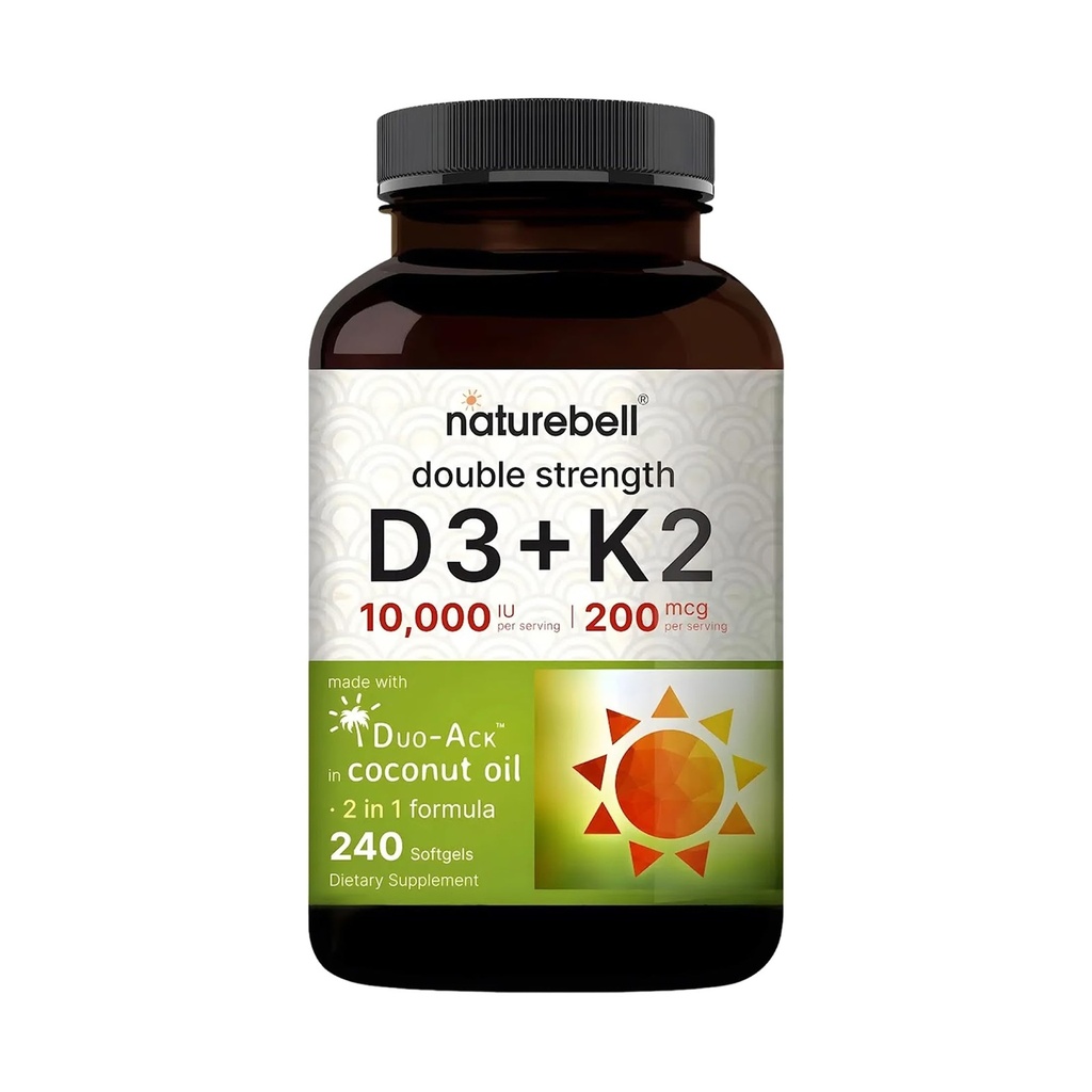 NatureBell Vitamin Double Strength D3 + K2-240 Softgels - 10,000 IU Vitamin D & 200mcg K2 - Bone Strength, Immune Function & Calcium Absorption Support* - Coconut Oil Infused