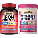 Iron Supplement for Women & Men, with Vitamins C, B6, B12 & Folate+Vitalibre Women's Probiotics 100 Billion CFU, 15 Strains, w/Prebiotic, Cranberry, Vitamin B6 & VC,