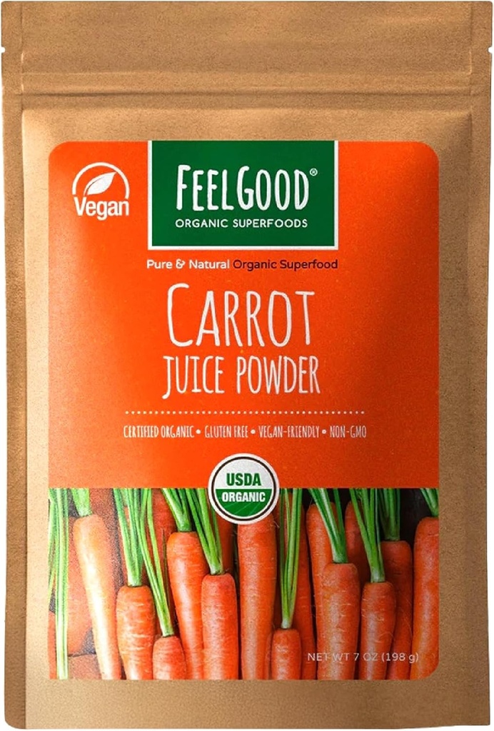 Feelgood Superfoods Cenoura Juice Pó - Suplemento de saúde para Digestivo, Pele, Olho e Imune Suporte - Contém beta caroteno e vitamina A - 7 onças