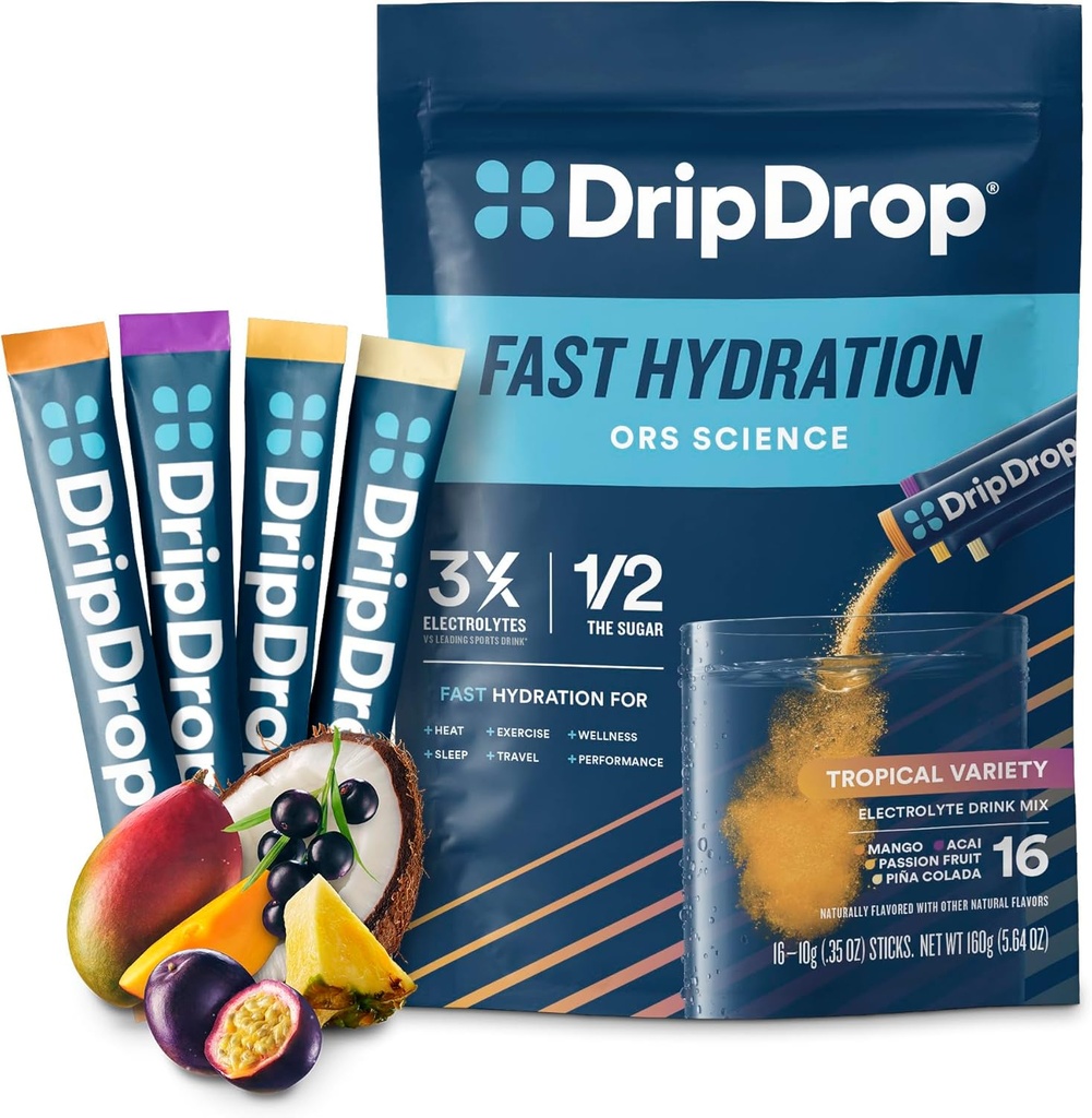 Hydratačné pakety DripDrop - Balenie pre tropické odrody - Powder Drink Mix - Mango, Açaí, Passion Fruit, Piña Colada - Non-GMO, bez lepidla, Vegan - 16 Sticks