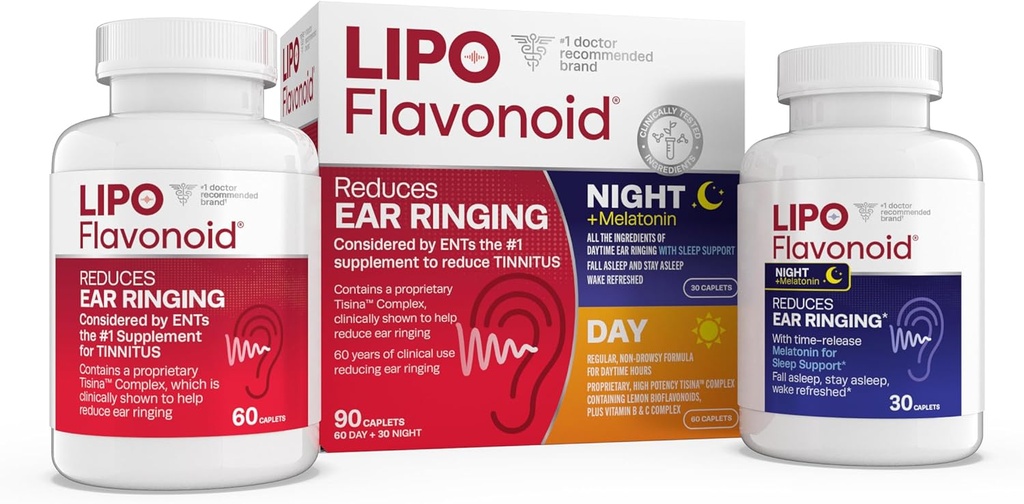 Kit de Combo Lipo Flavonoid Day & Night, Alívio de zumbido para Ringing Orelhas, Lipo Flavonoid Plus & Lipo Flavonoid Noite com Melatonina e Vitamina C, 90 Caplets