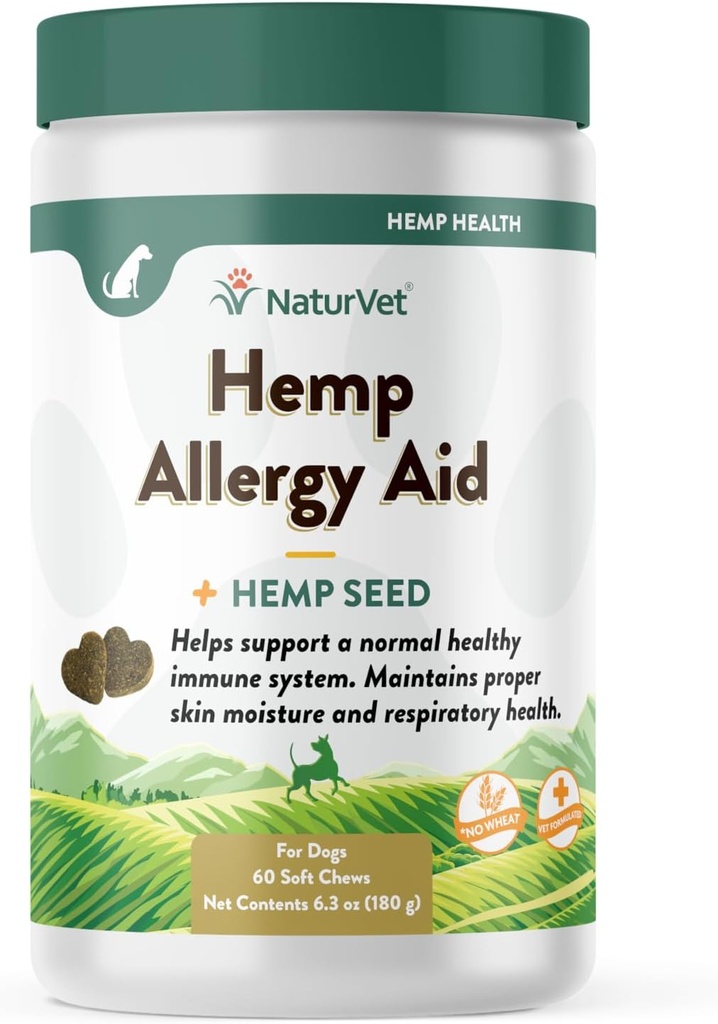 NaturVet Hemp Allergiehulpsupplement voor honden, hennepzaad, antioxidanten, Omega's, Dha & Epa voor gezonde huid en respiratoire gezondheid, 60 tellingen