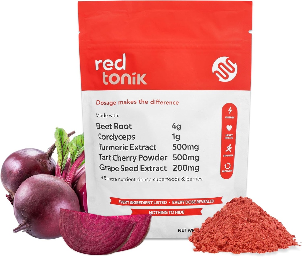 Red Tonik Superfood Powder |Beet Root |Mushroom |Turmeric | Complemento diario con 13 Superfoods |Vitaminas e minerais | Enerxía ósea, Stamina | Recuperación post-Workout | Berry Flavor