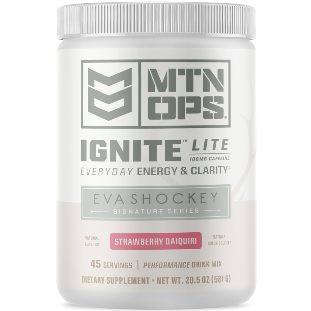 MTN OPS Ignite Lite Energy Drink Powder Gluteeniton typpioksidilisä Drink Mix, L Arginiini, L Sitruliini, kofeiiniton ja nootrooppinen sokeriton juoma Mix, 45 tarjoilua, mansikka Daiquiri Flavor Eva Shockey