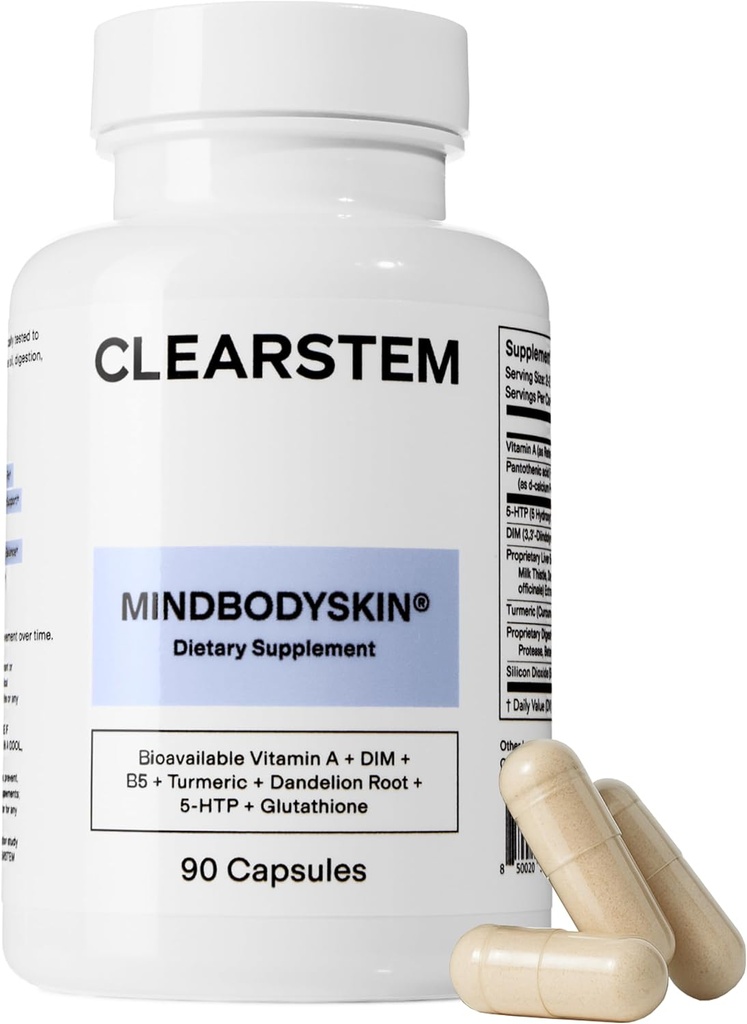 CLEARSTEM - MINDBODYSKIN Hormonų Akmens papildas (5 -HTP) - Natūralus DIM papildas - Odos priežiūros vitaminai - Hormonų balansas, antioksidantai - Gluten Free, žiaurumas - 30 Paslaugos, 90 Capsules