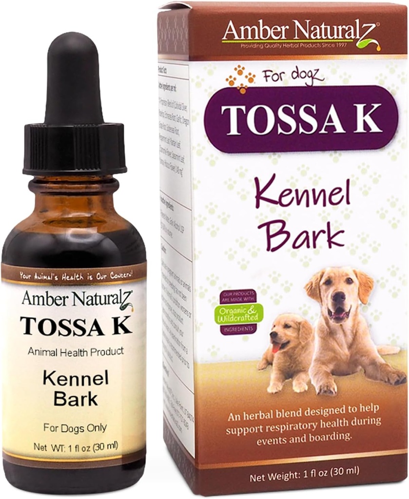 Amber NaturalZ Tossa K Kennel Bark Herbal Suplementos para cans e cachorros | Canine Herbal Blend for Respiratory Health | 1 Fluid Ounce Glass Bottle | Globally Sourced Ingredients | Made in USA