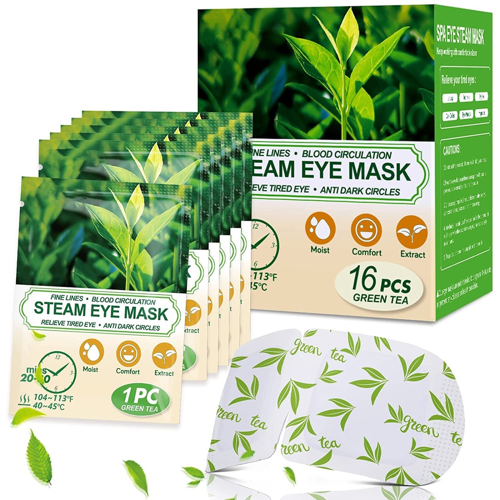 16 pakjes Steam Eye Maskers voor droge ogen, Green Tea Warm Eye Mask, Relief Eye Fatigue & Puffy Eyes, Moist Heating Compress for Eyes, Self Heated Eye Mask, Disposable Travel Essentials & Relaxation Sets