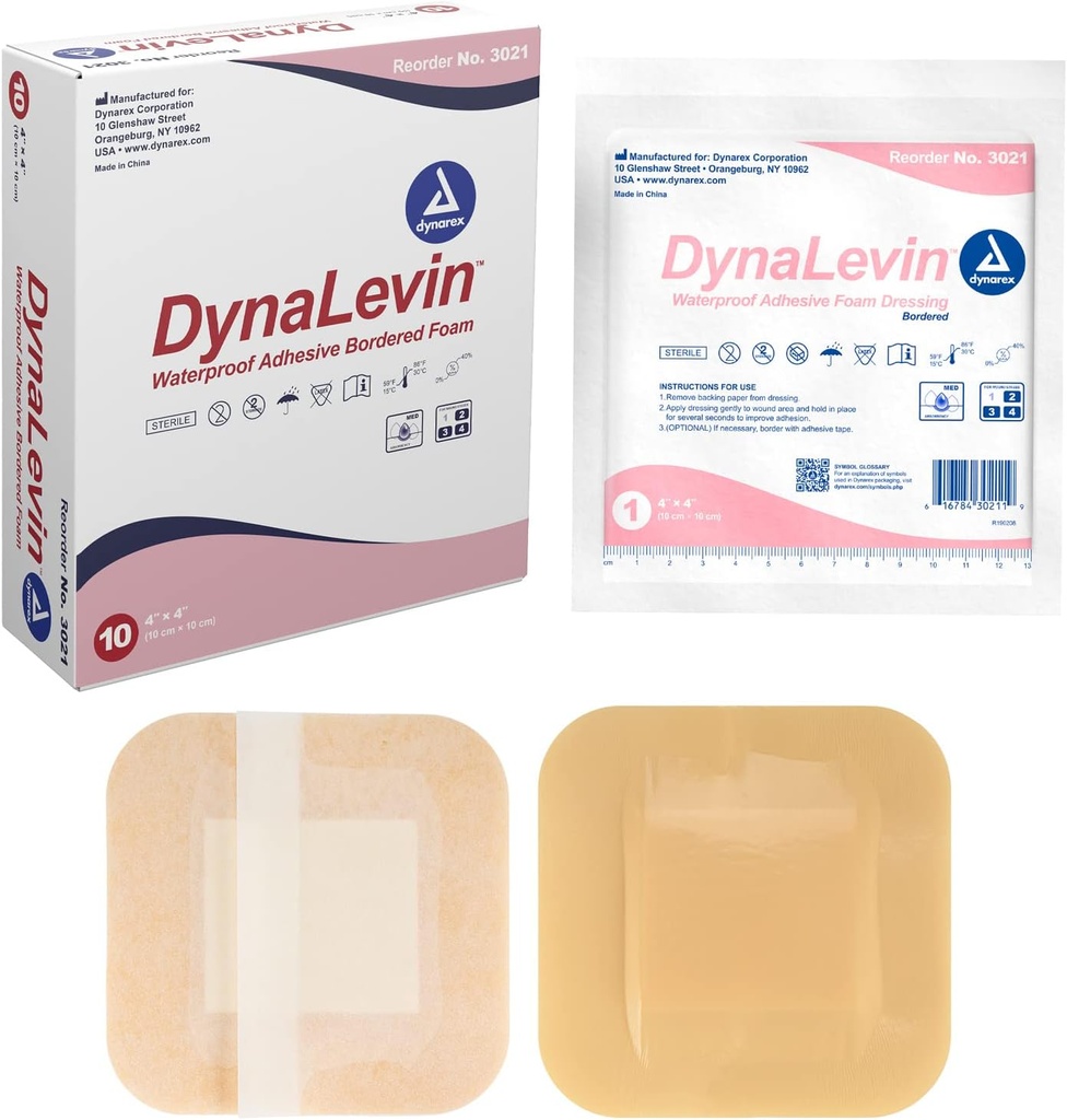 Dynarex Dynalevin Waterproof Kleefstof grenzend schuim, 10 Count/4 x 4 Inch