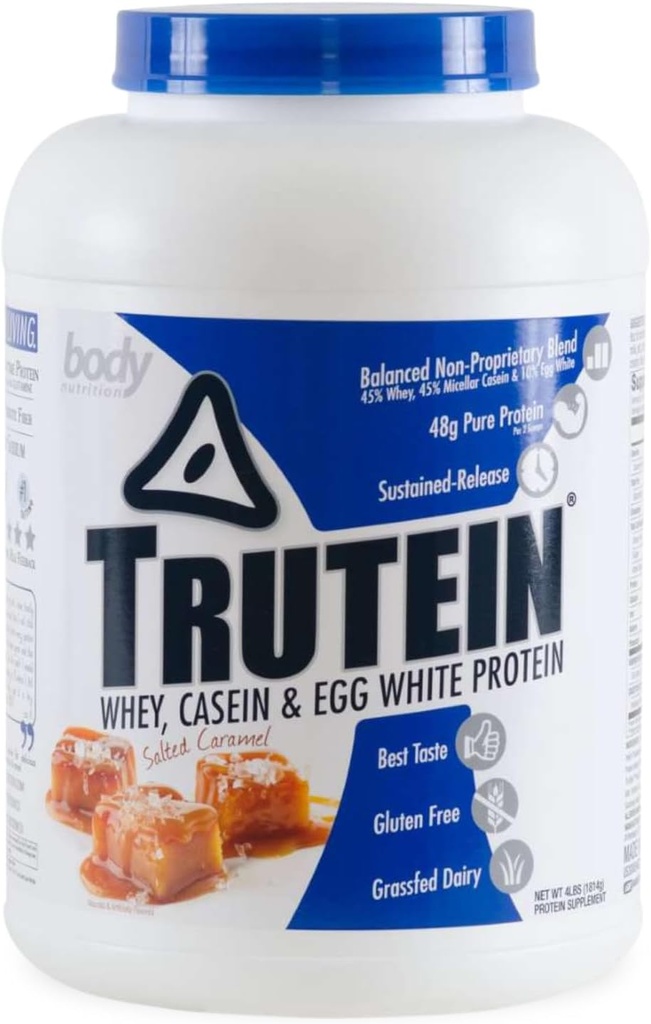 Body Nutrition Trutein High Protein Powder: 45% Whey, 45% Casein, 10% Eiweiß, Glutenfrei, Low Sodium, Gras Fed Whey Protein Powder, Gym Supplement & Breakfast Shake, Gesalzene Karamell, 4lb