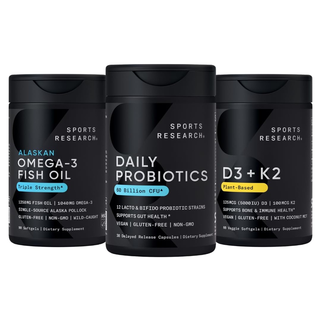 Sports Research® Body Wellness Pack - Wild Alaskan Pollock Omega 3 Fish Oil 1250mg + Vegan Probiotics with Prebiotics, 60 Billion CFU + 5000 IU Vitamin D + 100mcg Mk7 Vitamin K