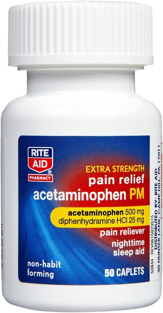 Rite Aid תוספת כוח ראש הממשלה כאב קפסולות, 500 מ"ג Acetaminophen / 25 מ"ג Diphenhydramine - 50 Count | Nighttime Pain כאבי Reliever + Sleep Aid