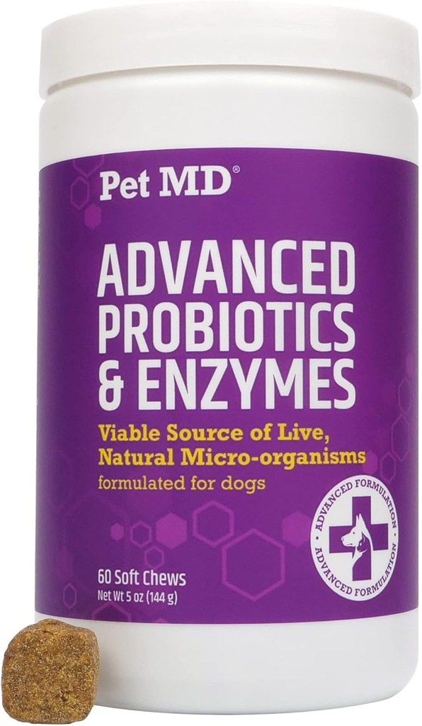 Pet MD 对狗的治疗和酶 -- -- Gut Health Chews with Prebiotics -- -- 对胃痛、腹泻、便秘或气体的养狗的消化性援助 -- -- 对狗的功能性治疗 -- 60厘米