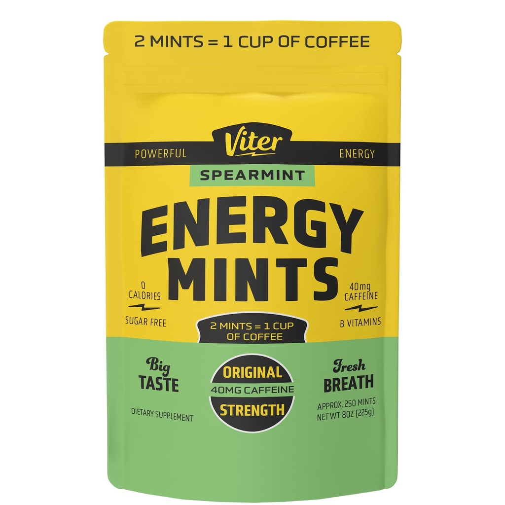 Viter Energy 40mg Caffeine Mints - Sugar Free, B Vitamins, Vegan, Boosts Fast Energized Alert Focus, Caffeinated Nootropic Supplement Pills (Spearmint Flavor, 8oz, Bulk Bag)