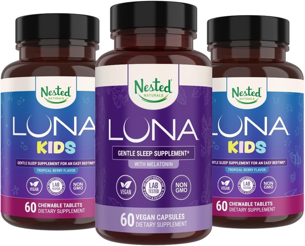 Nested Naturals Luna Kids Sleep Supplement (60 purutablettia) & Luna luonnollinen uniapu (60 vegan kapselia)