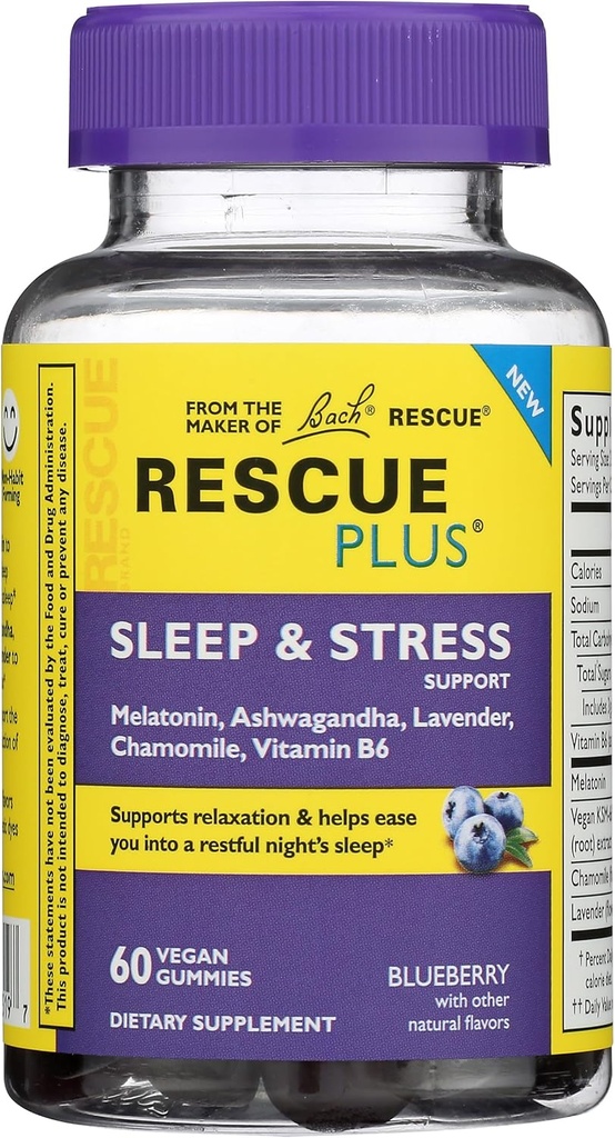 Bach Rescue Plus Sleep & Stress Support Gummies, nočna prehrana dodatek z 1mg Melatonin, Ashwagandha, Kamilica, Lavender & Vitamin B6, 60 Gummies (pak 3)