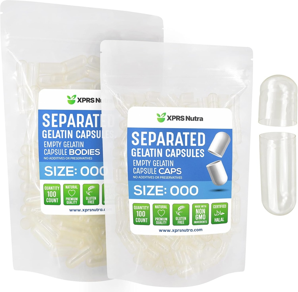 XPRS Nutra Capsule separate Dimensioni 000-100 Contare Grandi Capsule Gelatini Vuoti Separati in Borse - Premium Clear Empty 000 Pillole per Riempimento Integratore fai da te