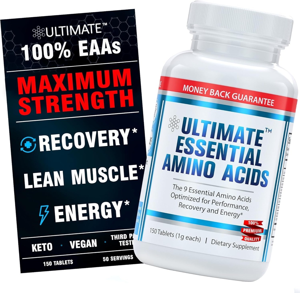Ultimate 100% Essential Amino Acid Təhlükəsiz - 150 Easy-to-Swallow, 1g örtük tabletlər - bütün 9 EAA MƏAA dəyişikliklərində 40% Leucine ilə - Enerji, Lean Muscle & Recovery - Keto & Vegan