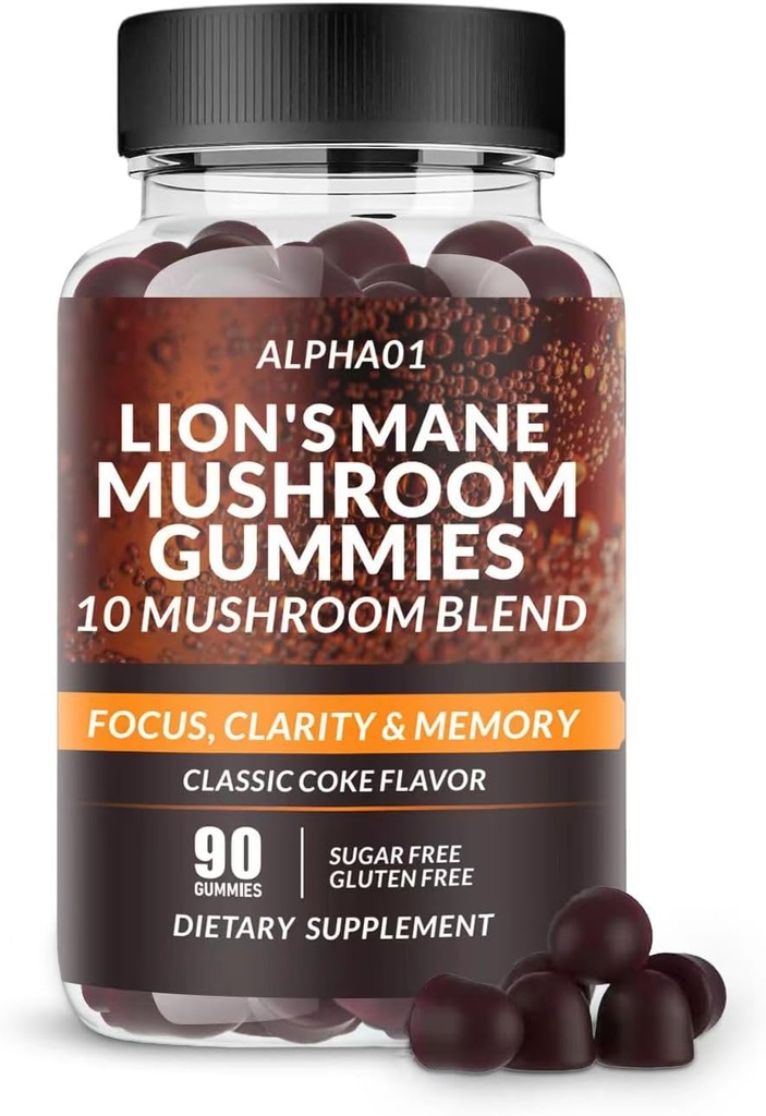 Mushroom Gummies - 10x Mushroom Supplement z Ashwagandha i Lions Mane - Nootropowy suplement mózgu, Immune Support & Stress Relief (90 CT)