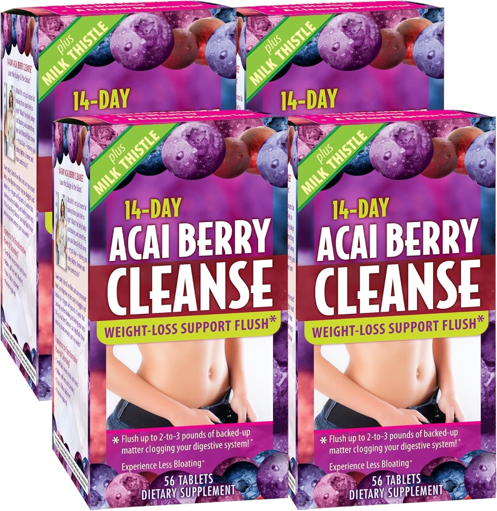 Uygulamalı Beslenme 14-Day Acai Berry Cleanse - 56 Tablet, 4 Paket - Kilo-Los Desteği Flush + Süt Butle - 112 Toplam Hizmetler