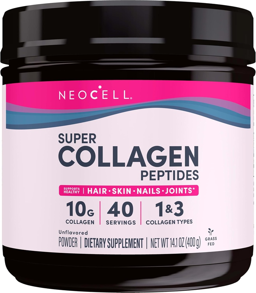 NeoCell Super Colágeno Peptídeos, 10g Colágeno Peptídeos por Servindo, Glúten Livre, Keto Friendly, Não-GMO, Feita de grama, Cabelo saudável, Pele, unhas e articulações, Pó sem sabor, 14.1 oz., 1 lata