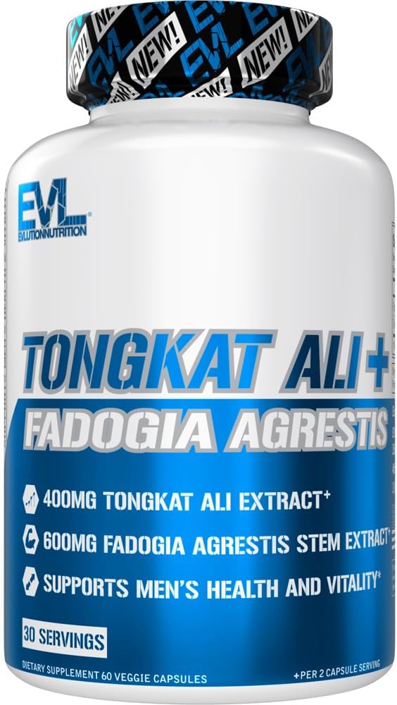 Evlution Nutrition Tongkat Ali + Fadogia Agrestis - Zdrowie mężczyzn + Vitality Support - 400mg Tongkat Ali + 600mg Fadogia Agrestis Stem Extract - Suplement do ćwiczeń - Kapsułki wegetariańskie - 30 Sług
