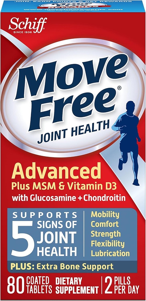 Move Free Advanced Glucosamine Chondroitin MSM Vitamin D3 and Hyaluronic Acid Joint Supplement, 80 Count